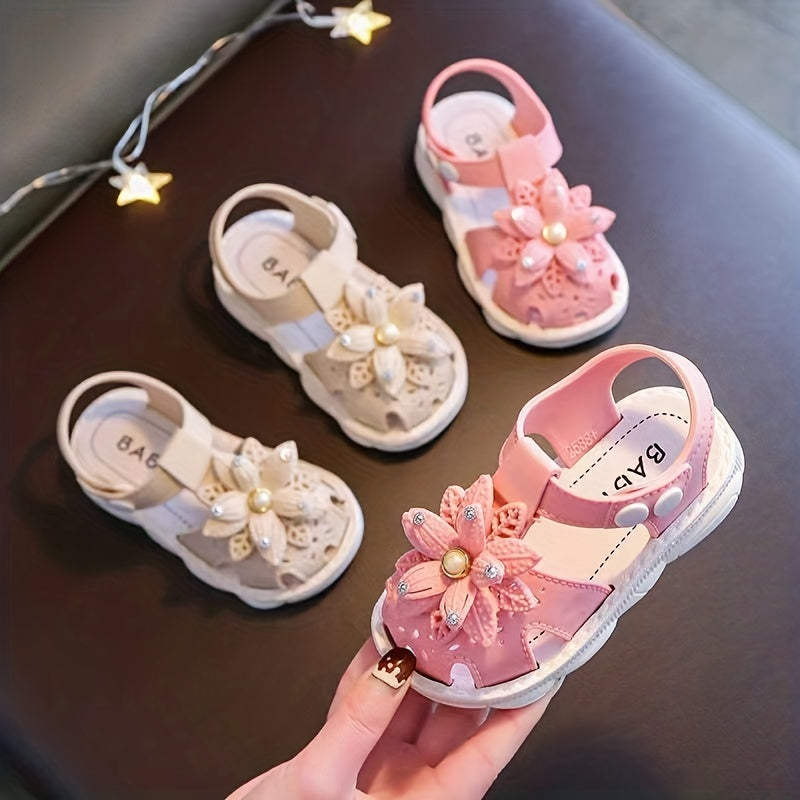 Girls Baby Flower Trendy Breathable Closed Toe Sandals, Lightweight Soft Sandals Crib Shoes For Indoor Outdoor Spring